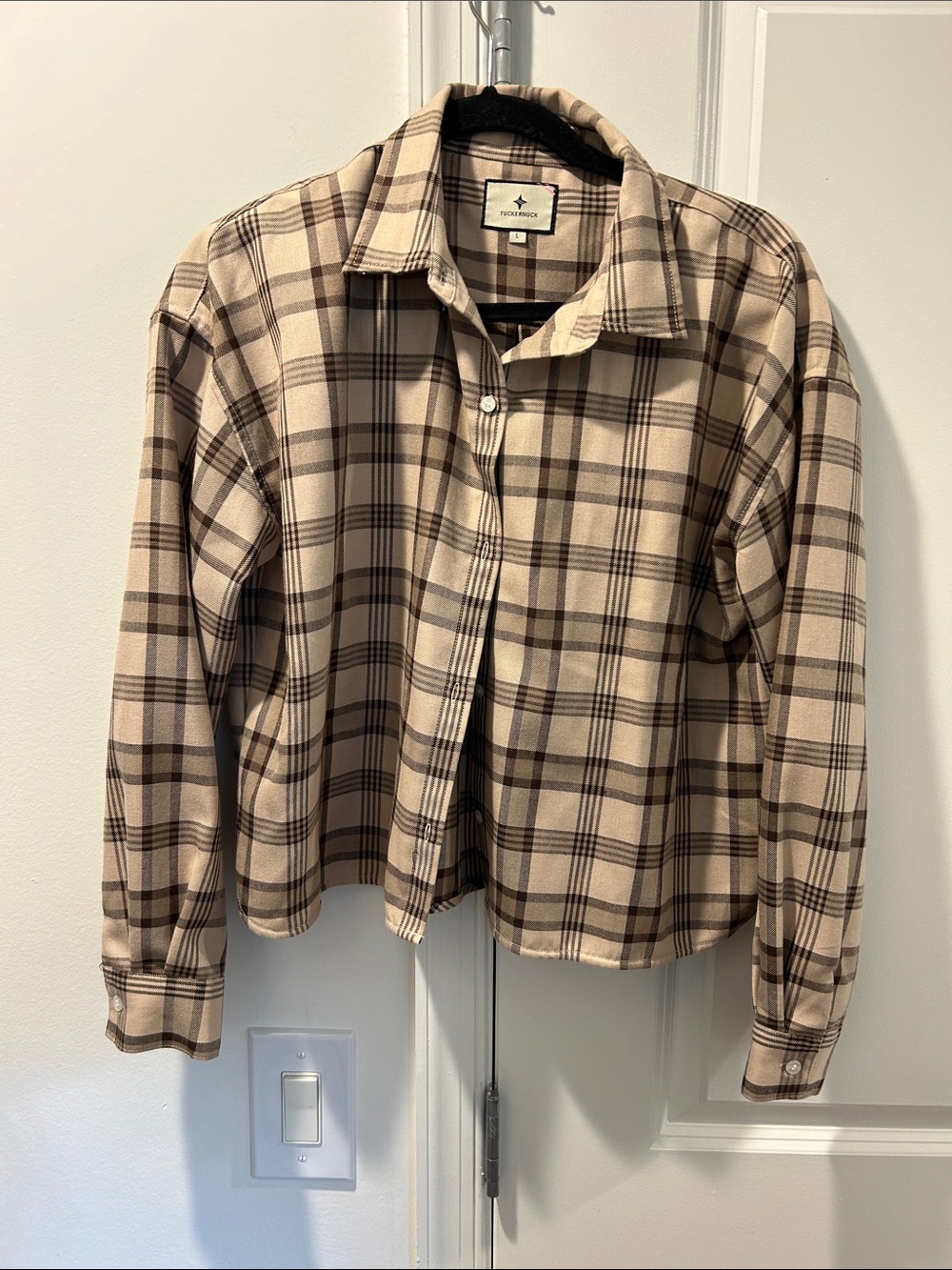 Tuckernuck Plaid Button-Up Shirt Jacket in Beige and Brown